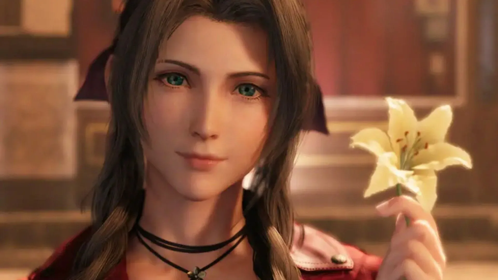 Aerith Gainsborough đang ôm một bông hoa trong Final Fantasy VII