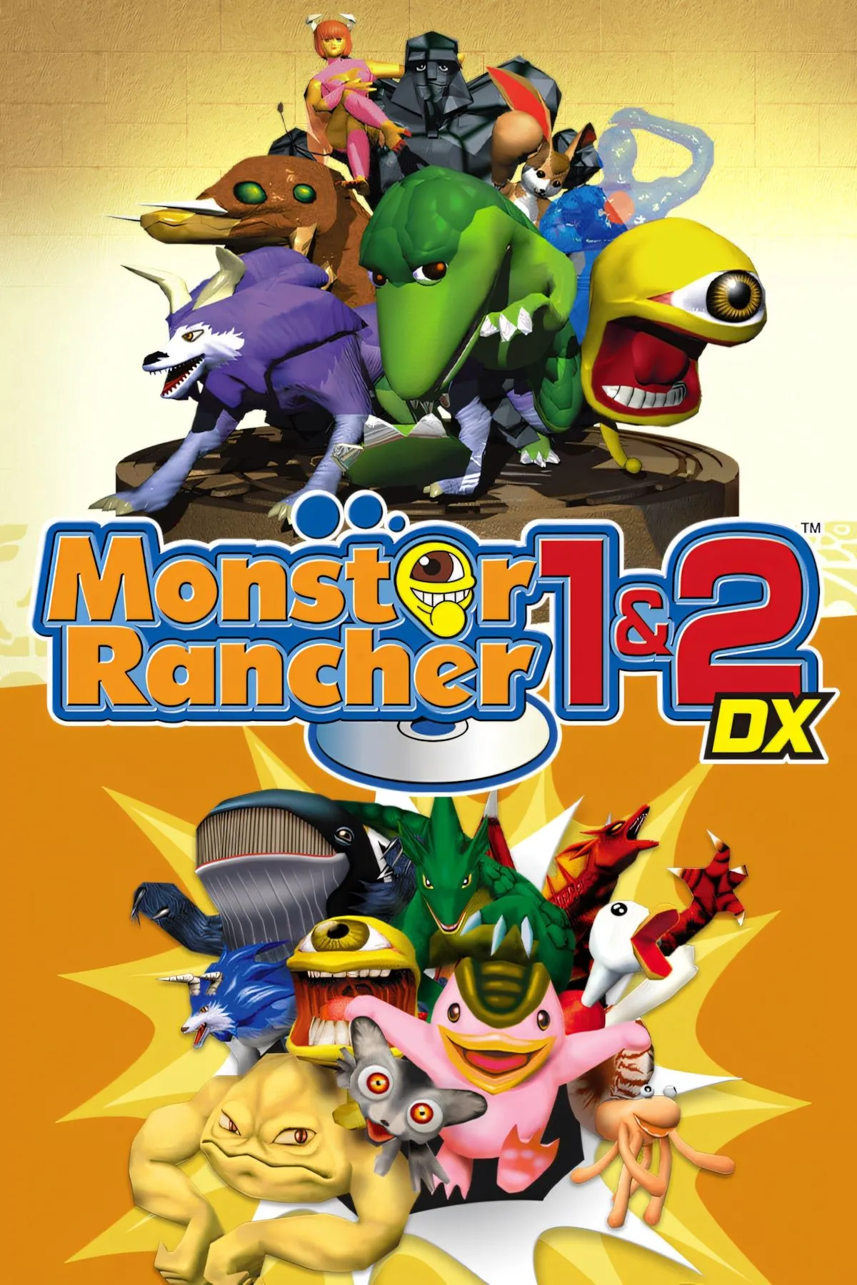 Ảnh bìa của Monster Rancher 1 &amp; 2 DX, thể hiện yếu tố nuôi dưỡng và lai tạo quái vật