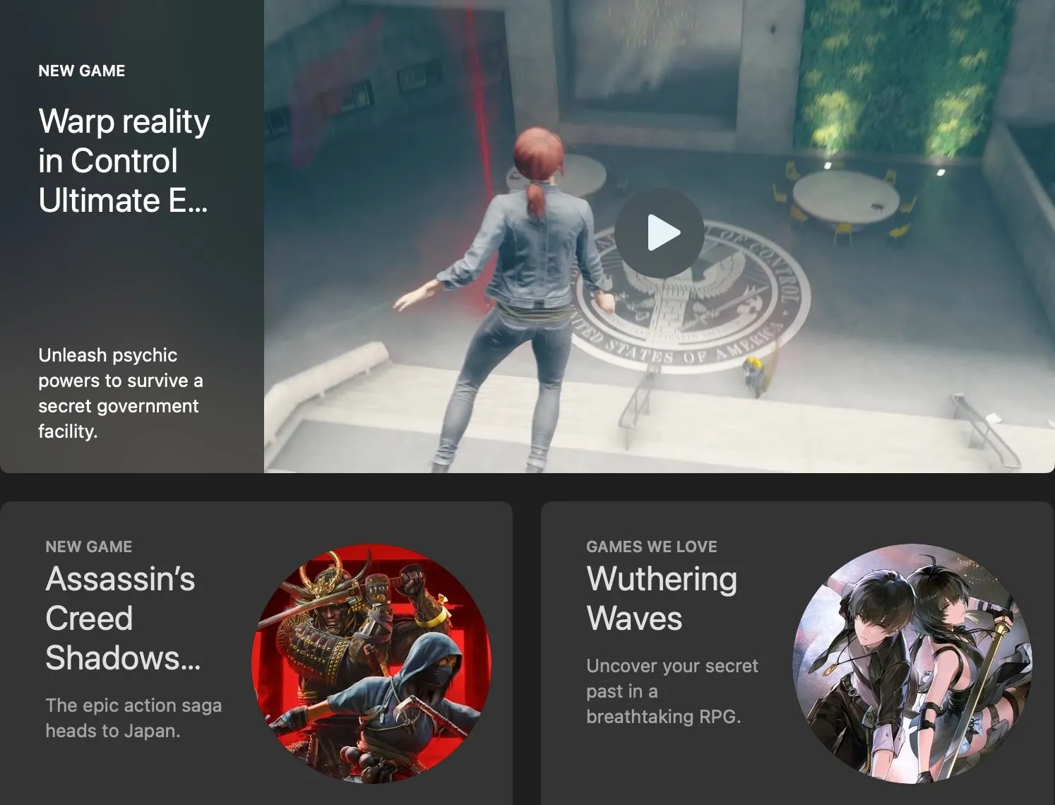 Ảnh chụp màn hình App Store macOS, cho thấy sự chậm trễ trong việc phát hành các tựa game lớn như Control.