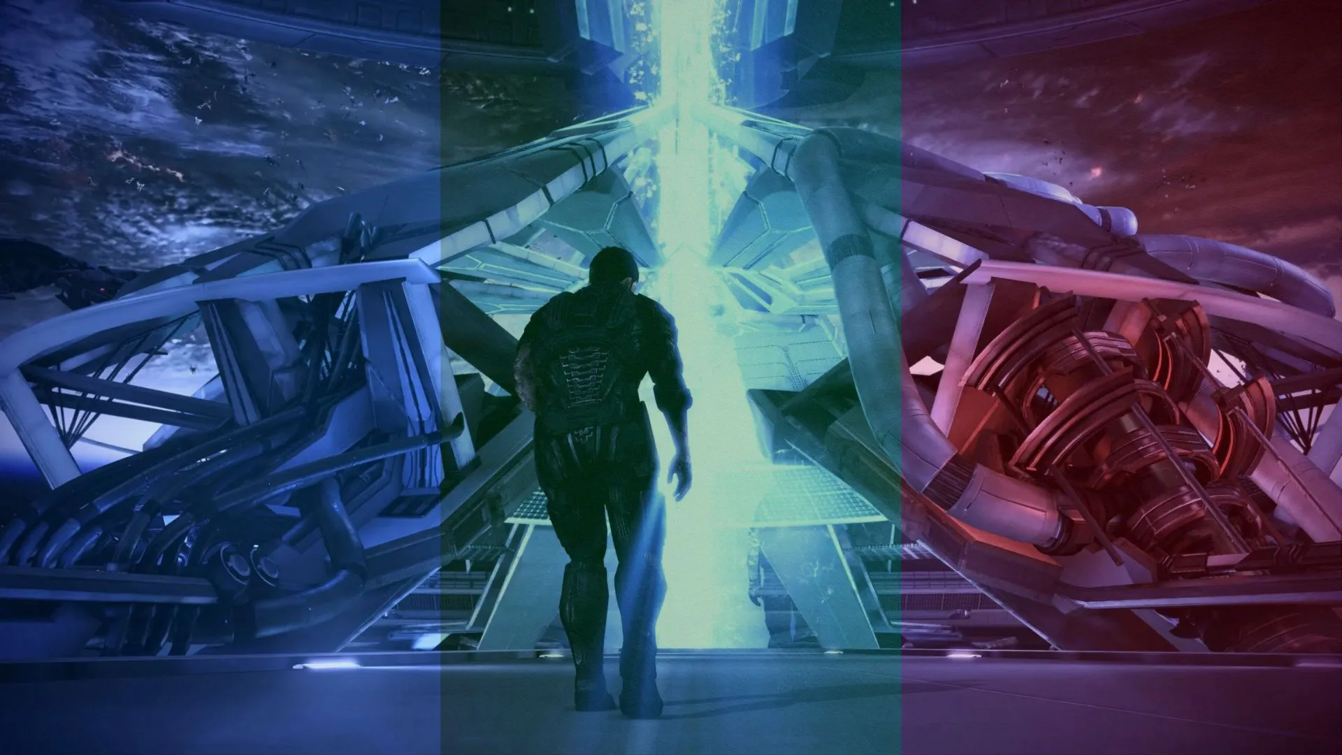 Ảnh chụp màn hình ba lựa chọn cuối cùng được biểu thị bằng màu sắc trong Mass Effect 3.