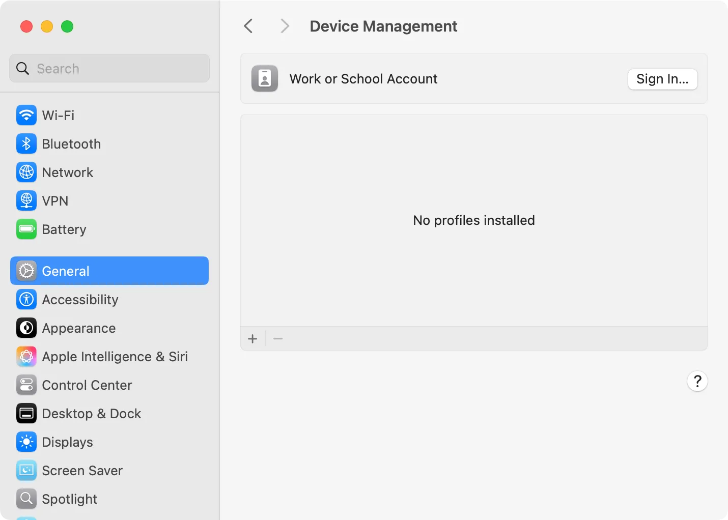 Ảnh chụp màn hình cài đặt macOS hiển thị mục Quản lý thiết bị (Device Management) trống, minh họa Mac không cài MDM profile.