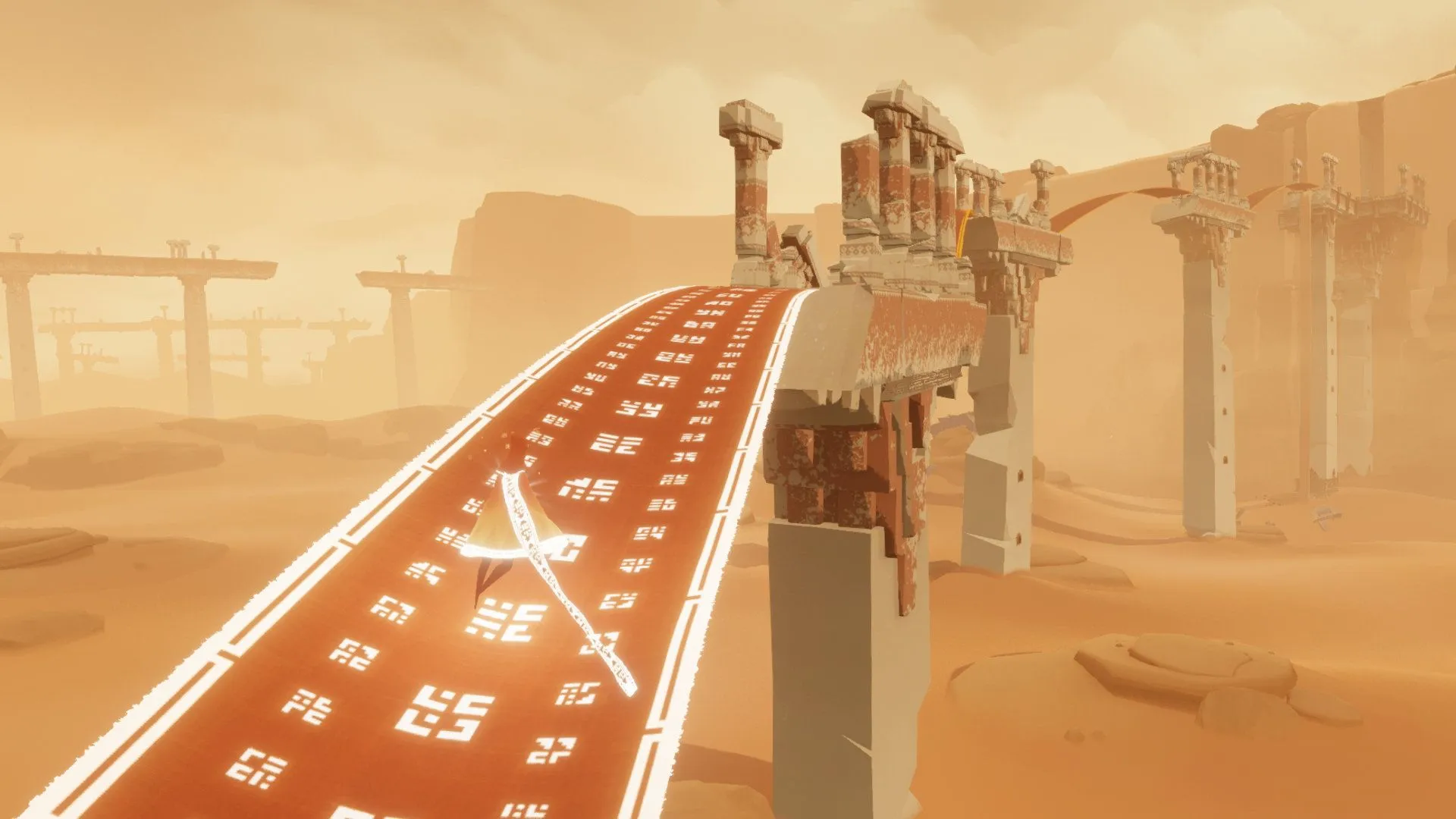 Ảnh chụp màn hình chính thức của game Journey, với hai nhân vật đang khám phá sa mạc rộng lớn, thể hiện yếu tố phiêu lưu và kết nối cảm xúc.