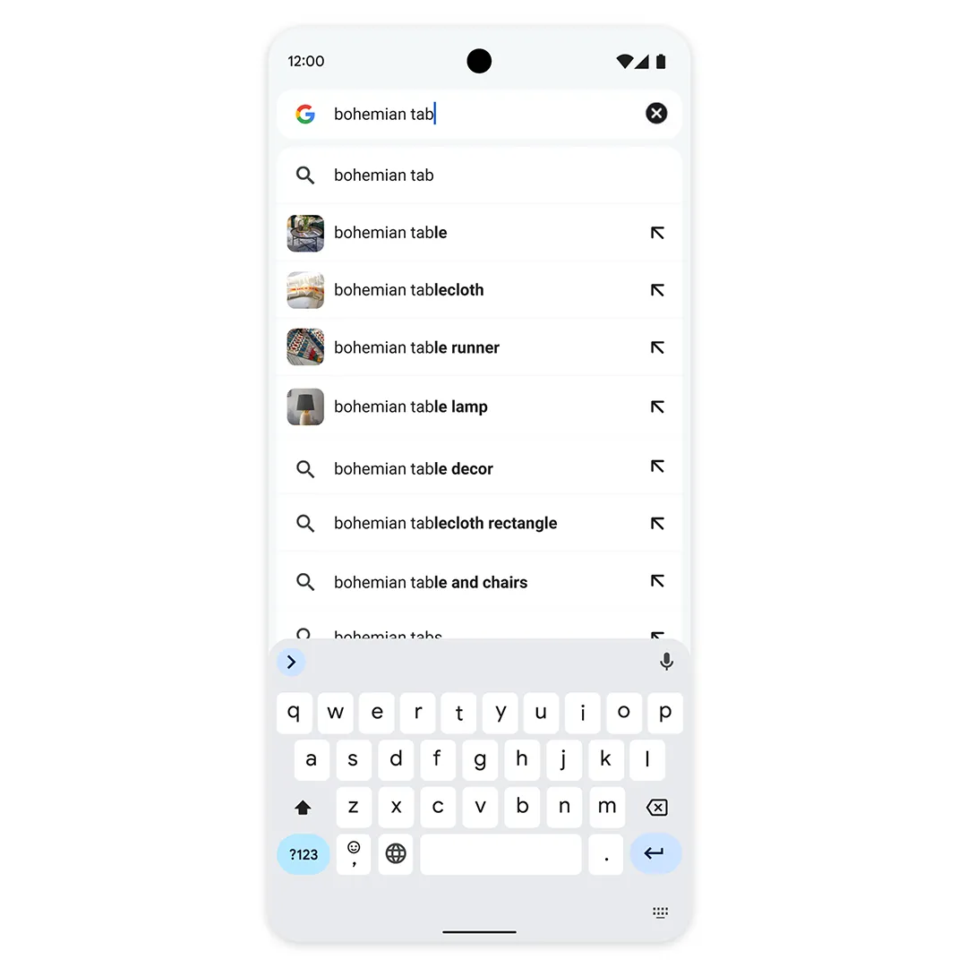 Ảnh chụp màn hình Chrome trên điện thoại Android hiển thị các gợi ý tìm kiếm với nhiều hình ảnh sản phẩm liên quan.