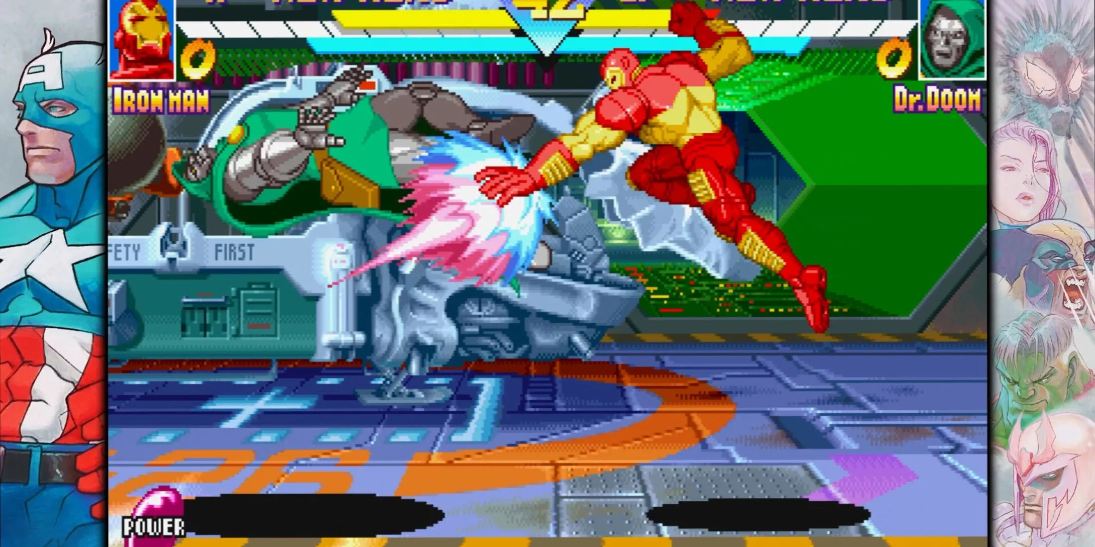 Ảnh chụp màn hình gameplay của Marvel Vs. Capcom 2: New Age of Heroes, hiển thị trận đấu đối kháng.