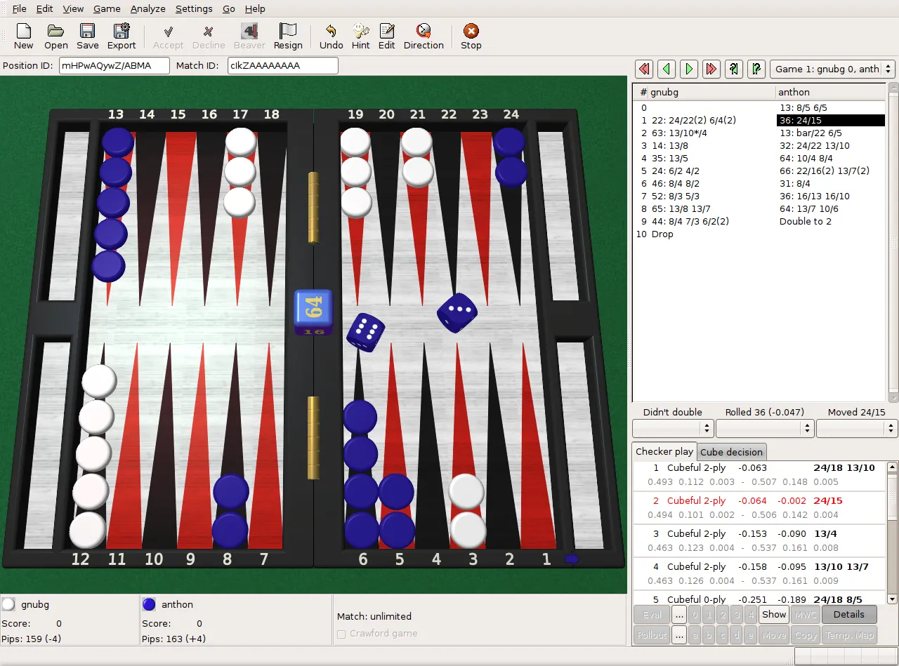 Ảnh chụp màn hình GNU Backgammon từ hướng dẫn sử dụng GNU Backgammon