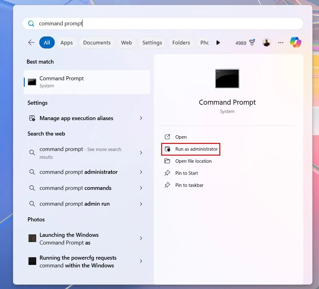 Ảnh chụp màn hình hướng dẫn mở Command Prompt với quyền quản trị viên trên Windows để thực hiện các lệnh hệ thống.