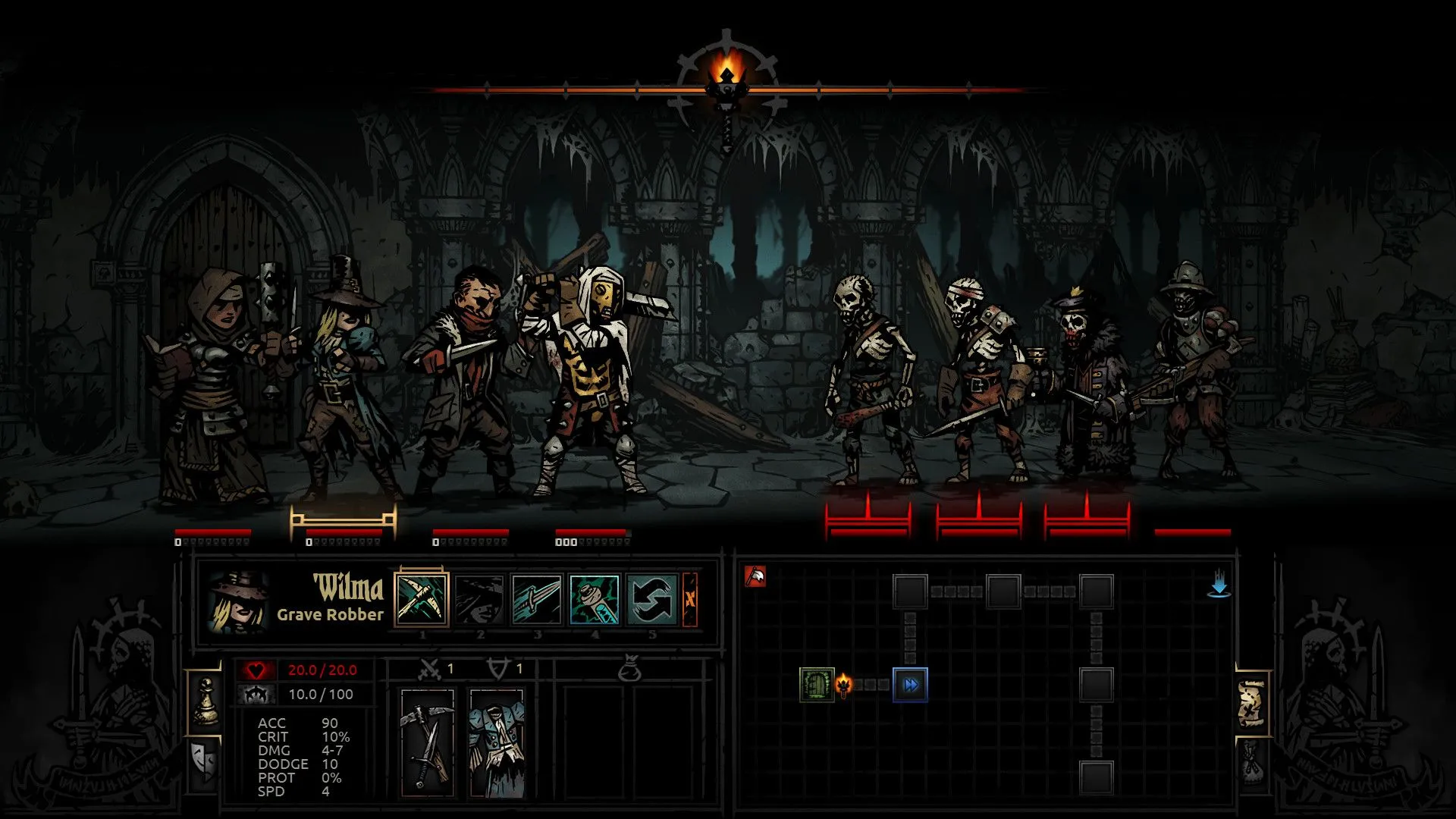 Ảnh chụp màn hình lối chơi của Darkest Dungeon, minh họa phong cách đồ họa gothic và giao diện chiến đấu theo lượt đầy thử thách.
