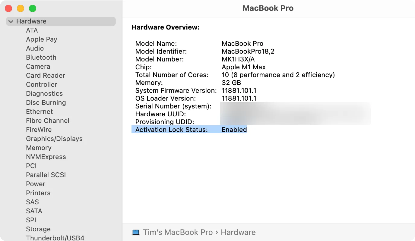 Ảnh chụp màn hình MacBook Pro hiển thị trạng thái Activation Lock &quot;Disabled&quot; trong System Information, hướng dẫn kiểm tra khi mua Mac cũ.