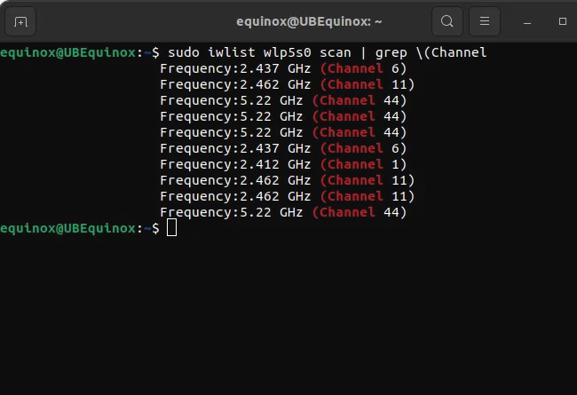 Ảnh chụp màn hình Terminal trên Linux hiển thị kết quả lệnh iwlist với các kênh Wi-Fi đang được sử dụng.