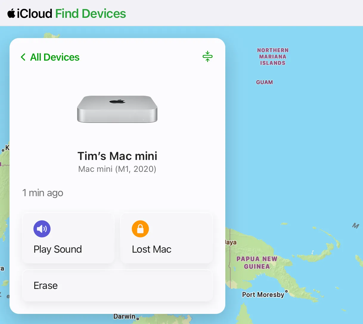 Ảnh chụp màn hình trang iCloud.com/find hiển thị cách gỡ Mac Mini khỏi tài khoản iCloud, hướng dẫn xử lý Activation Lock bị khóa.