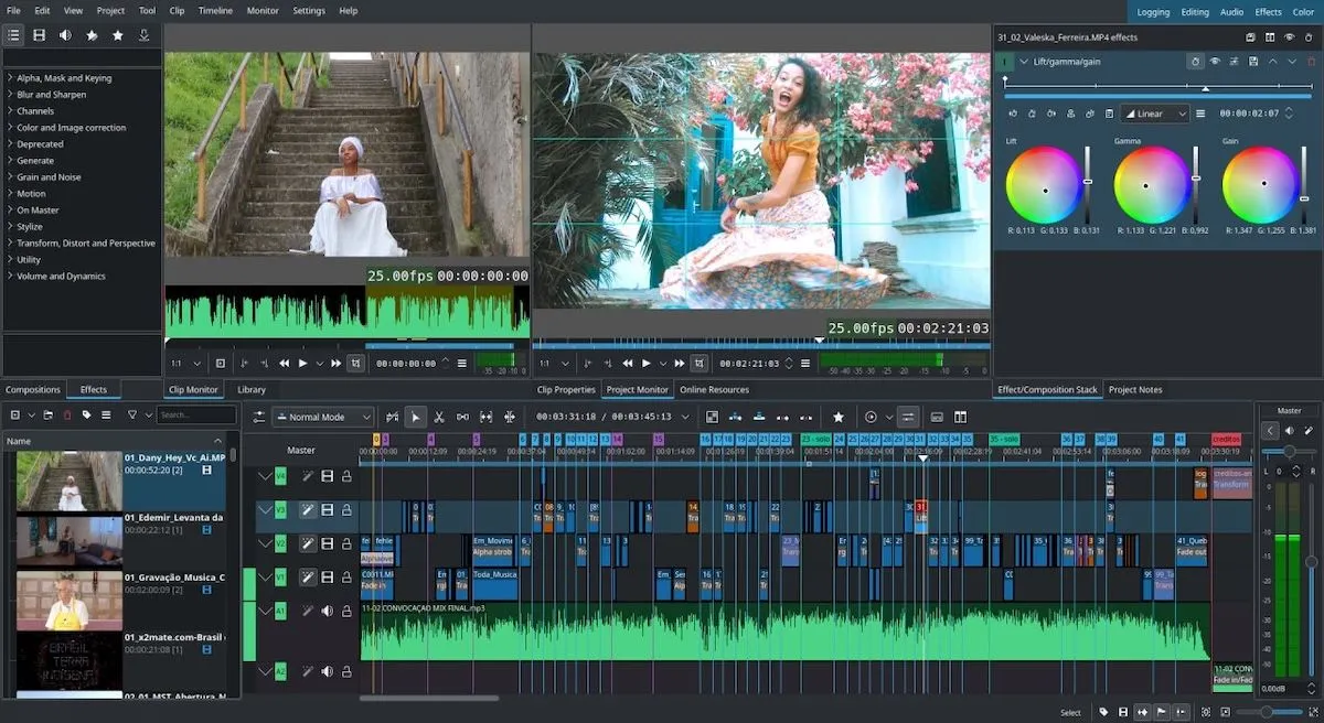Ảnh chụp màn hình trình chỉnh sửa video Kdenlive, hiển thị thanh timeline và các bảng công cụ.
