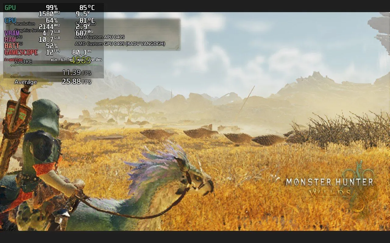 Ảnh chụp màn hình từ benchmark Monster Hunter Wilds trên Steam Deck, hiển thị khu vực rừng rậm với số khung hình rất thấp.