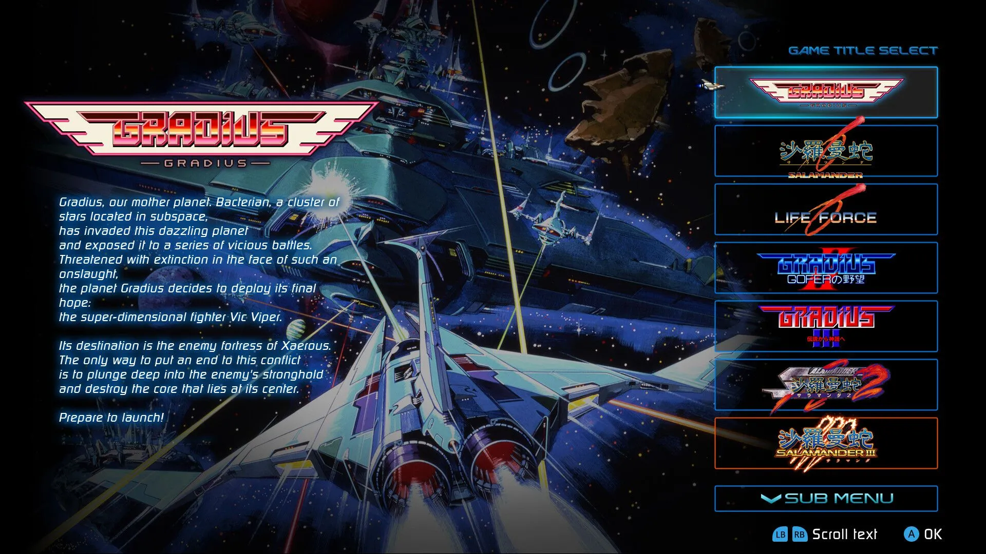 Ảnh chụp màn hình từ Gradius Origins, thể hiện một trong những phiên bản game bắn súng cổ điển.