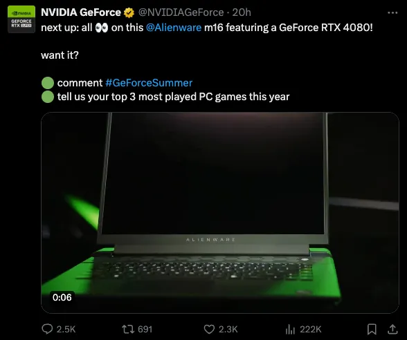 Ảnh chụp màn hình tweet về cuộc thi tặng laptop gaming của NVIDIA.