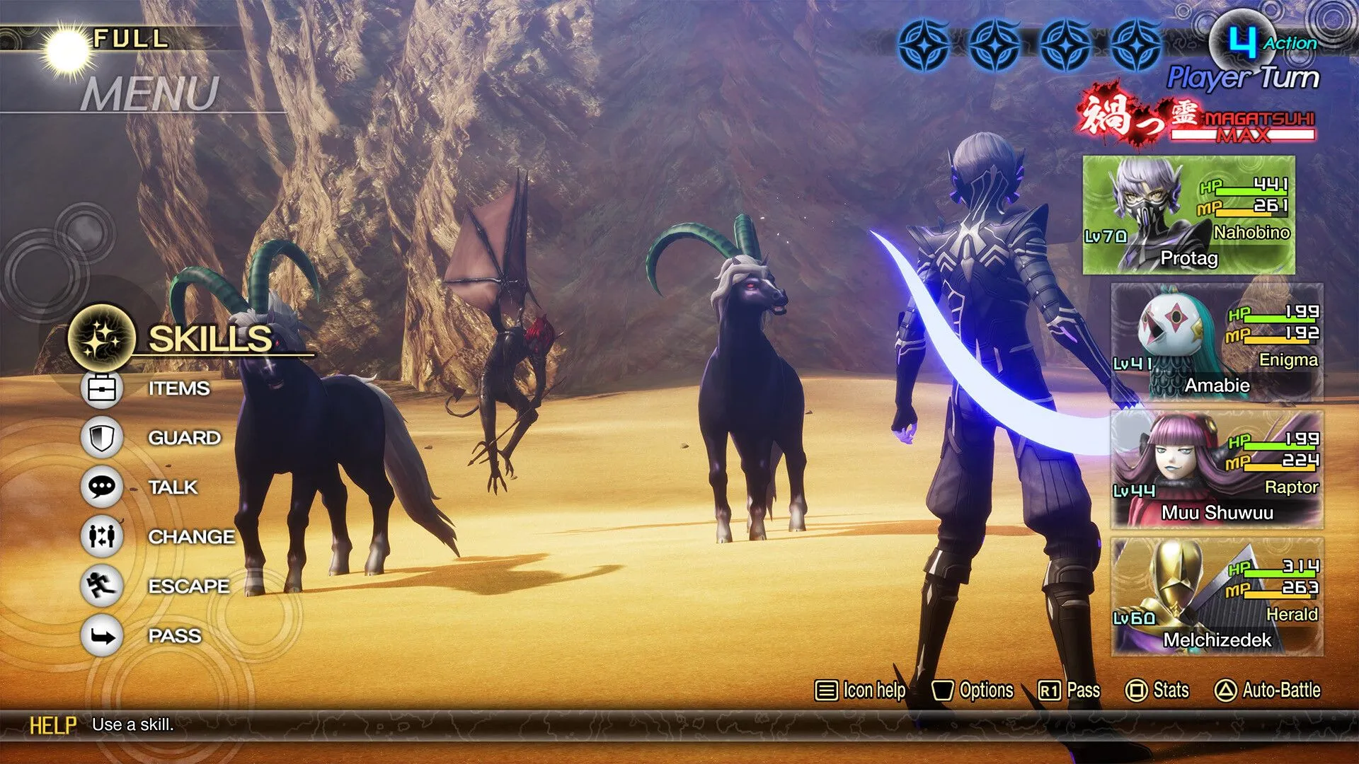 Ảnh gameplay từ Shin Megami Tensei V Vengeance, hiển thị các nhân vật và quái vật trong trận chiến theo lượt.