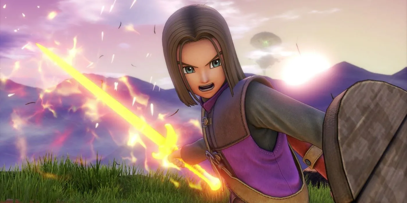 Anh hùng Luminary từ Dragon Quest XI sử dụng kiếm lửa trong tư thế tấn công.