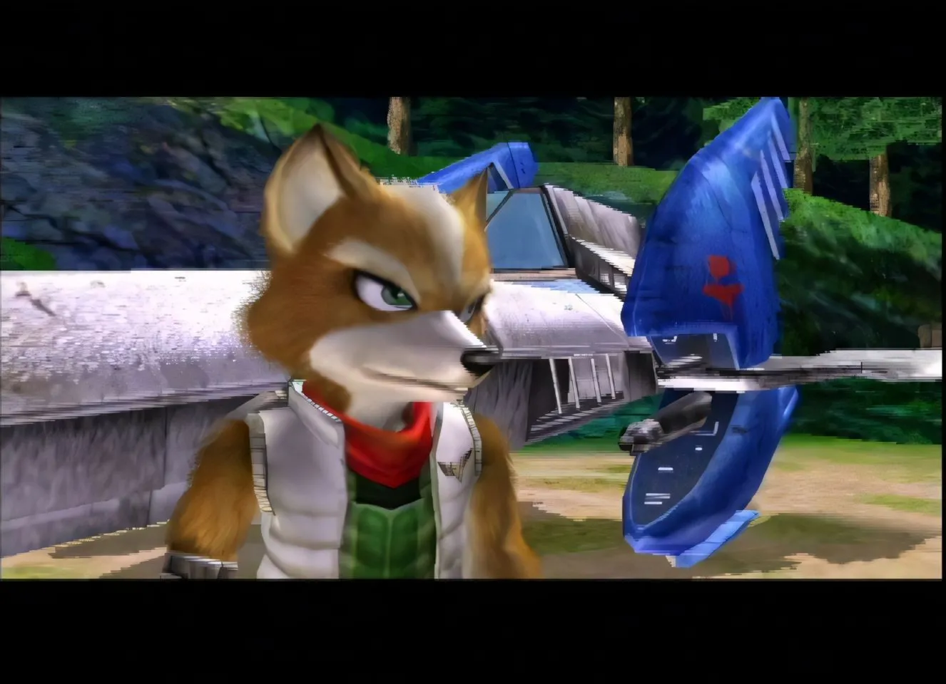 Ảnh quảng bá Star Fox Adventures, Fox McCloud cầm gậy phép trong môi trường rừng.
