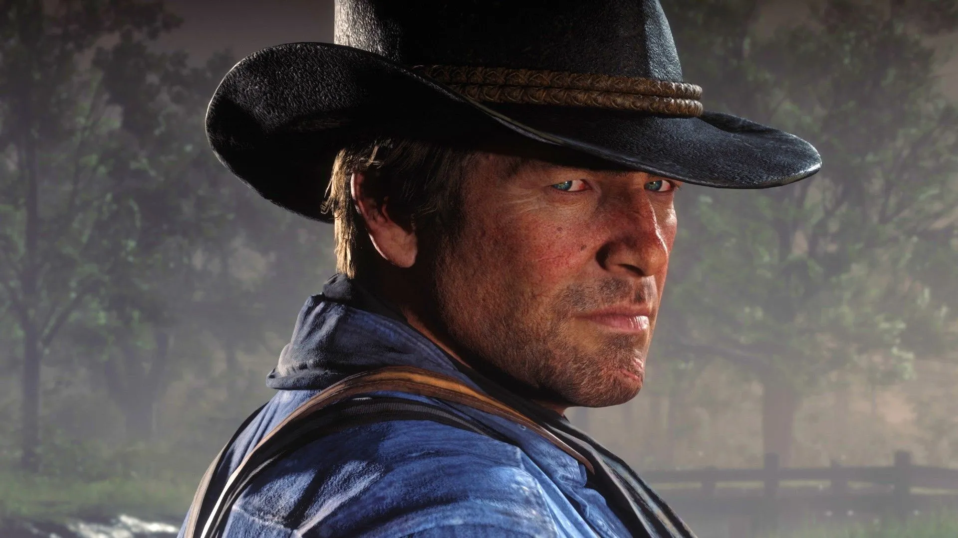 Arthur Morgan nhìn lại qua vai trong Red Dead Redemption 2, trên nền phong cảnh hoang dã.