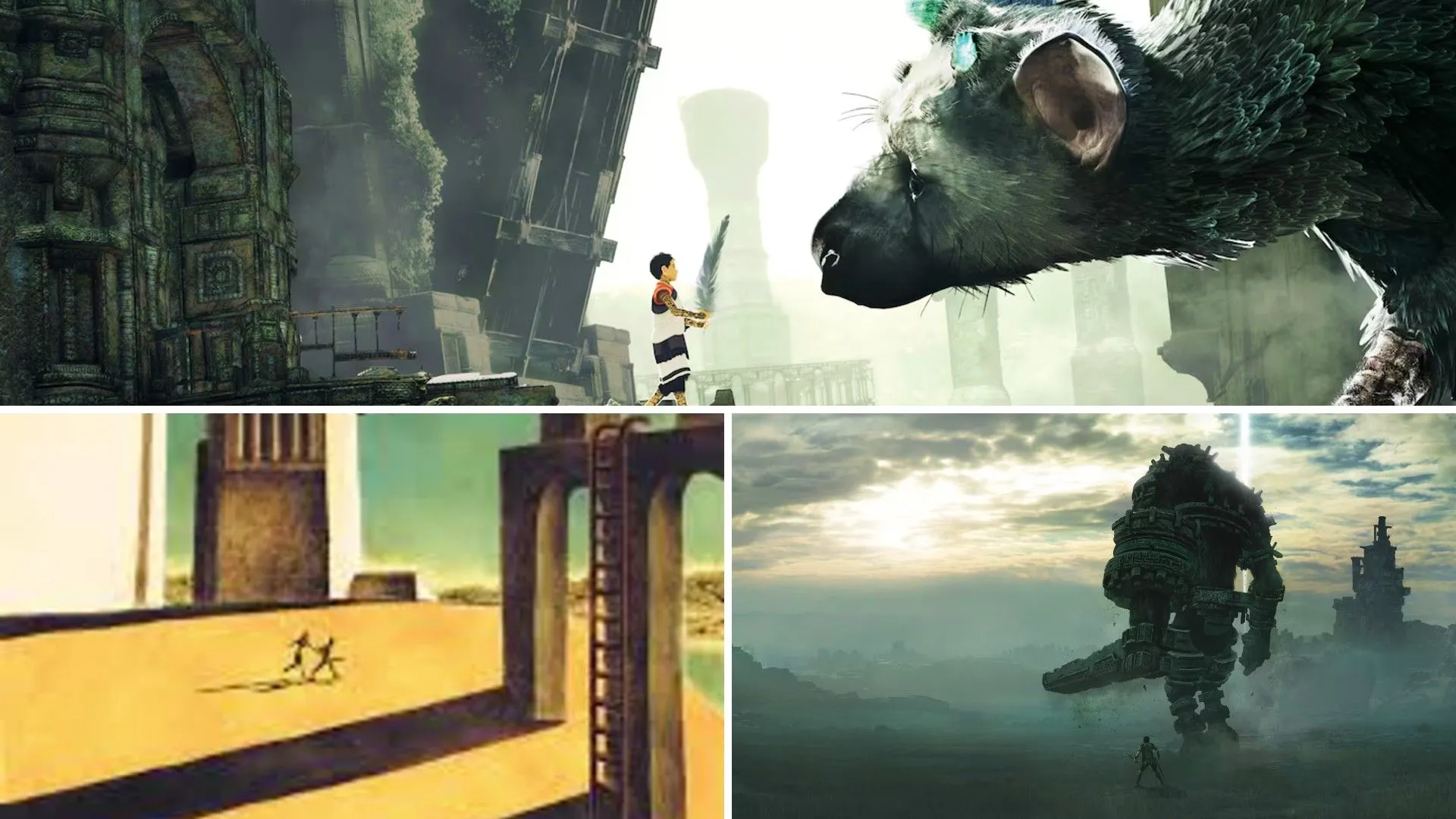 Ba game ICO, Shadow of the Colossus và The Last Guardian chia sẻ vũ trụ: Đứa trẻ và sinh vật lớn trong The Last Guardian, người chơi tấn công colossus trong Shadow of the Colossus, và hai nhân vật chạy trong ICO.