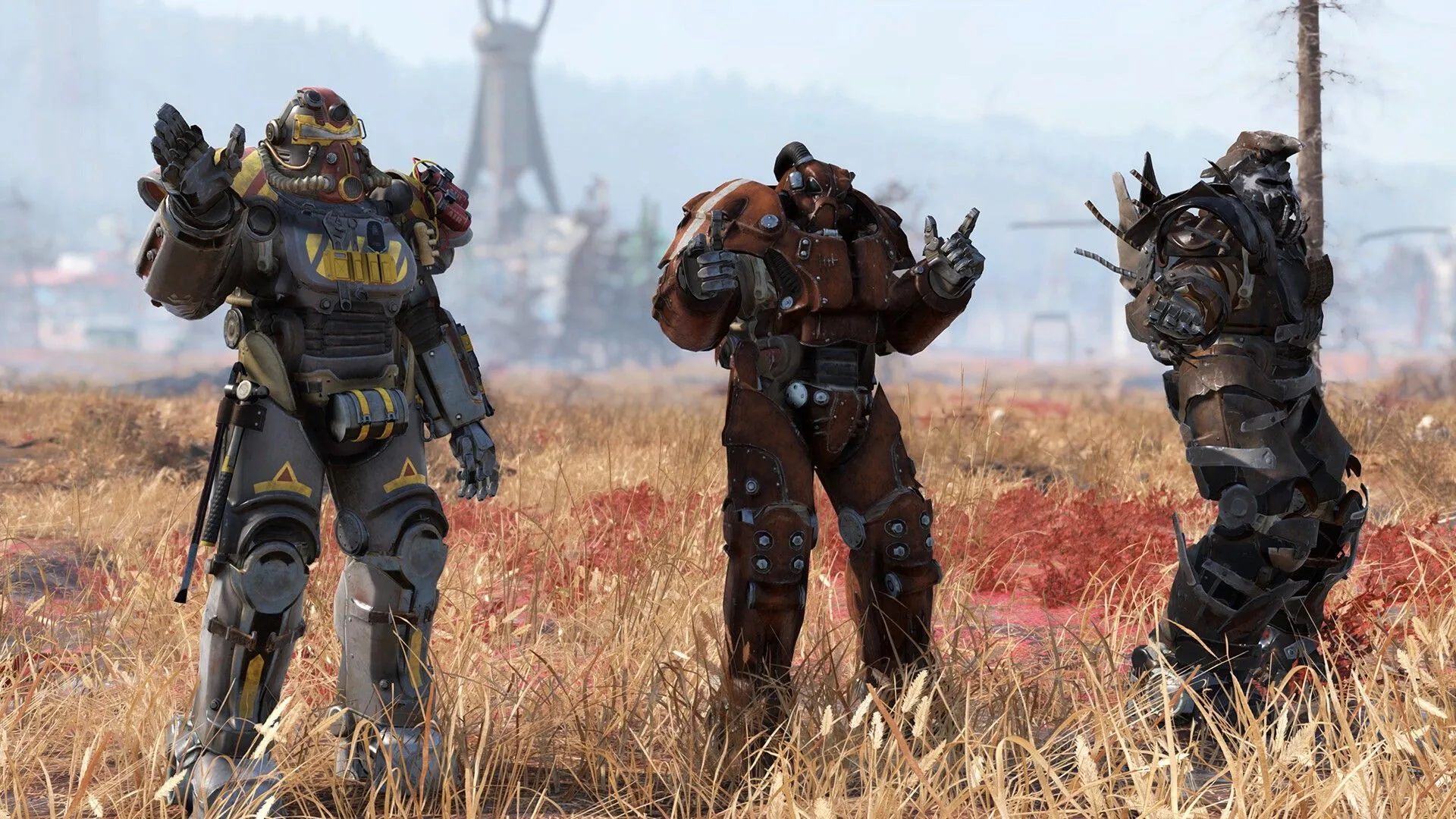 Ba người chơi trong Fallout 76 mặc bộ giáp Power Armor đầy đủ, minh họa bối cảnh hậu tận thế và cốt truyện game phức tạp.