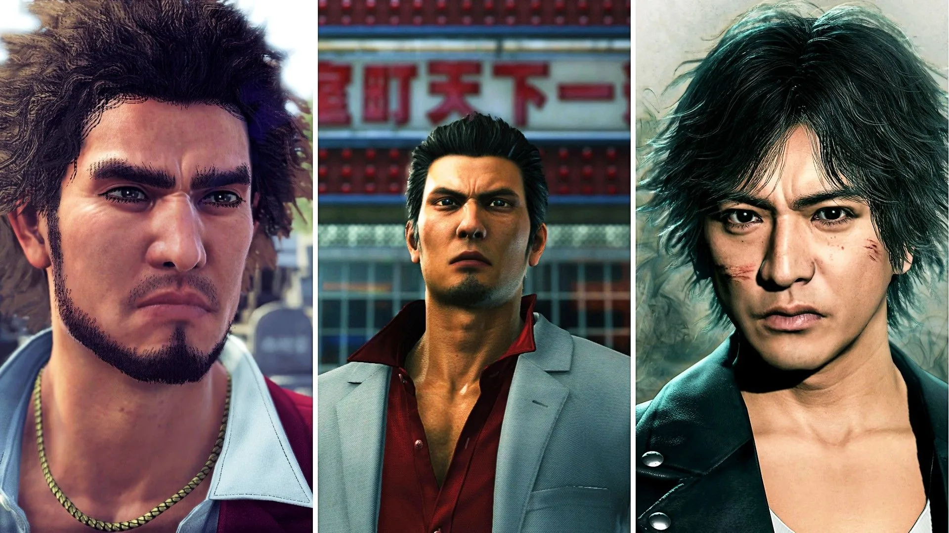 Ba nhân vật chính trong vũ trụ Yakuza: Ichiban Kasuga (Like A Dragon), Kazuma Kiryu (Yakuza) và Takayuki Yagami (Judgement).