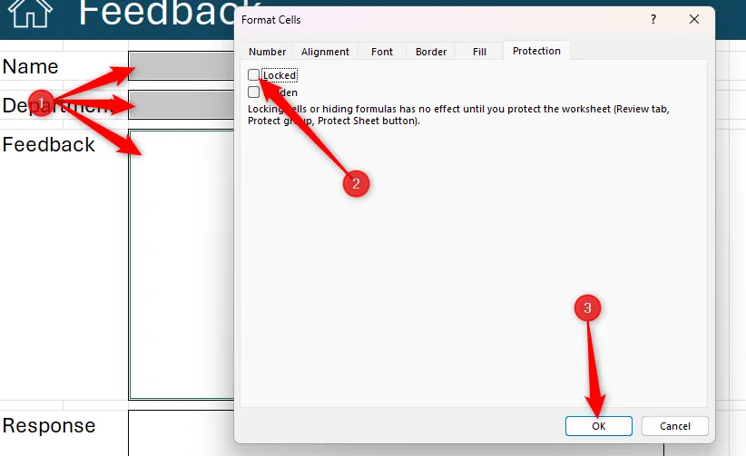 Ba ô đã chọn trong Excel và tùy chọn &quot;Locked&quot; trong tab Protection của hộp thoại Format Cells đã được bỏ chọn.