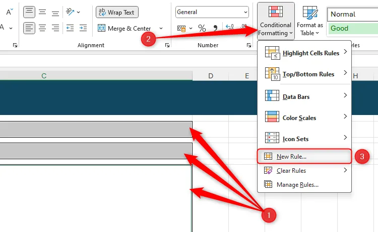 Ba ô được chọn trong Excel và tùy chọn &quot;New Rule&quot; trong menu Conditional Formatting đang được làm nổi bật.