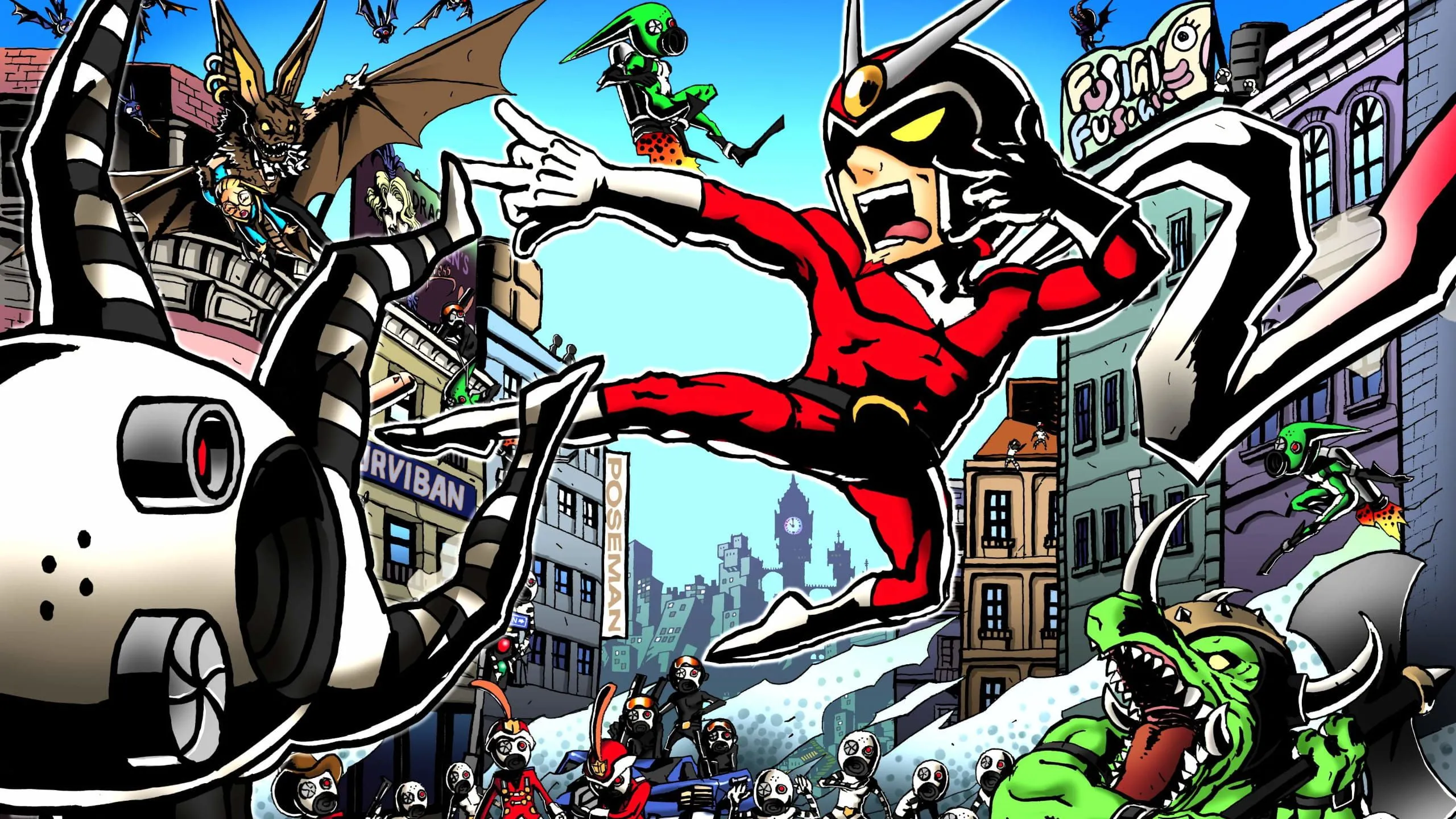 Bìa game Viewtiful Joe với nhân vật chính tạo dáng anh hùng, thể hiện phong cách truyện tranh.