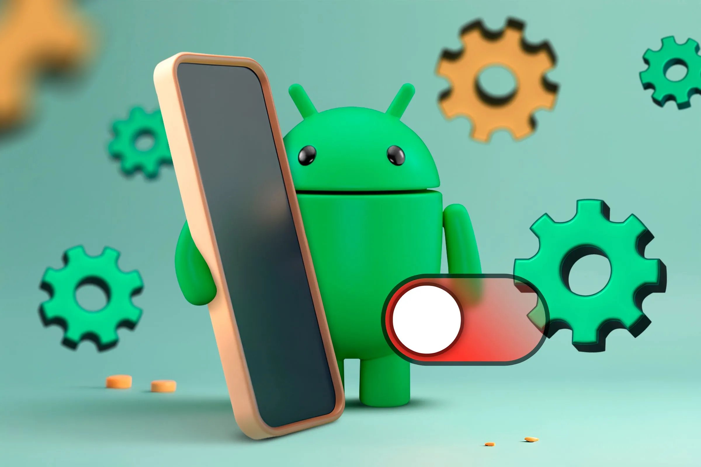 Biểu tượng Android đứng cạnh một chiếc điện thoại, minh họa các biểu tượng cài đặt ứng dụng có thể thay đổi để giống iOS hơn.