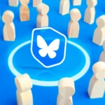 Biểu tượng BlueSky hình tấm khiên nổi bật giữa đám đông, thể hiện sự kiểm soát nội dung người dùng.