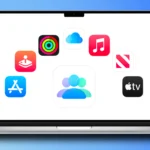 Biểu tượng Family Sharing Apple và các dịch vụ Apple One trên MacBook Pro màu xanh, minh họa sự tiện lợi của chia sẻ gia đình.