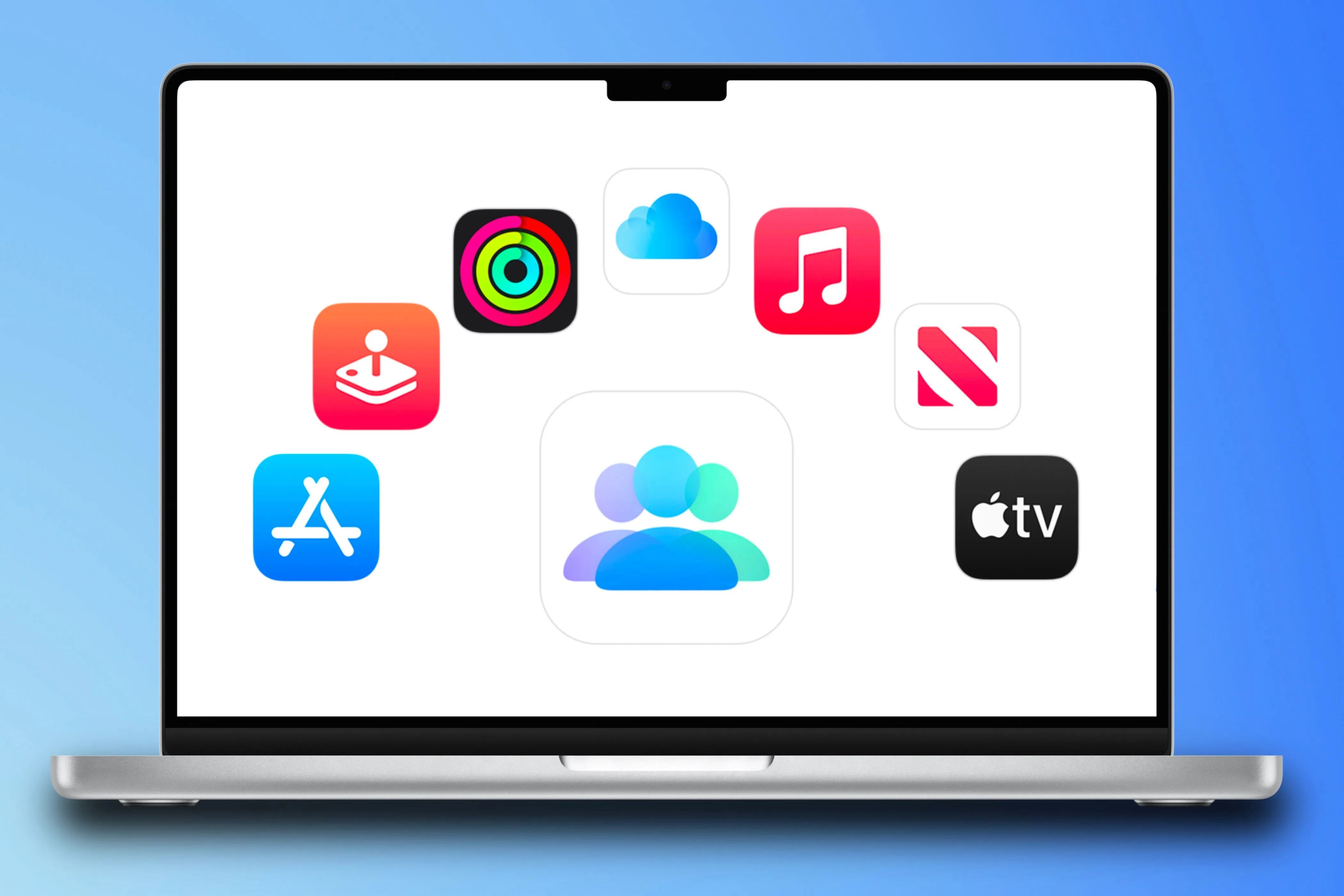 Biểu tượng Family Sharing Apple và các dịch vụ Apple One trên MacBook Pro màu xanh, minh họa sự tiện lợi của chia sẻ gia đình.