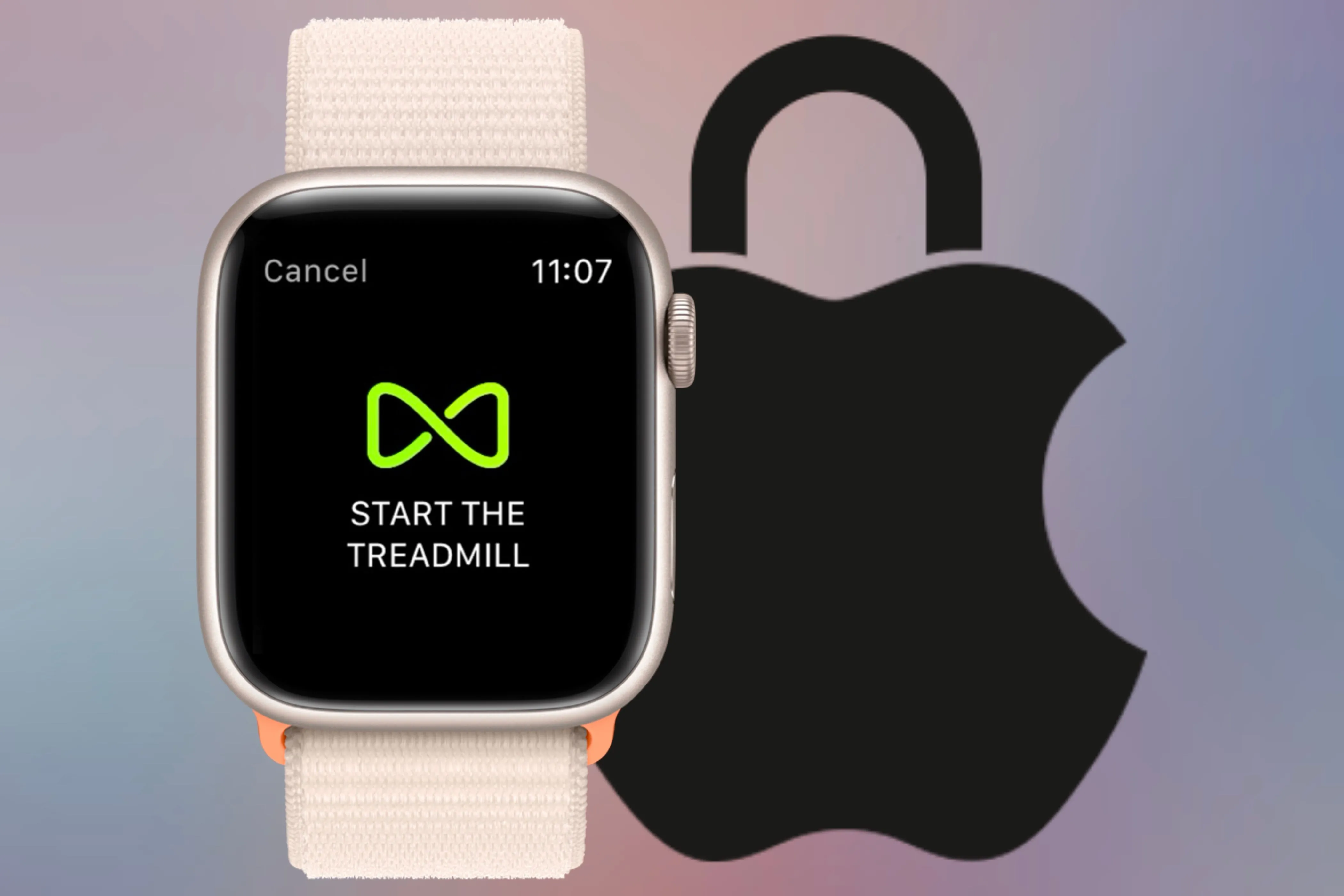 Biểu tượng GymKit trên Apple Watch, sẵn sàng bắt đầu bài tập trên máy chạy bộ tương thích.