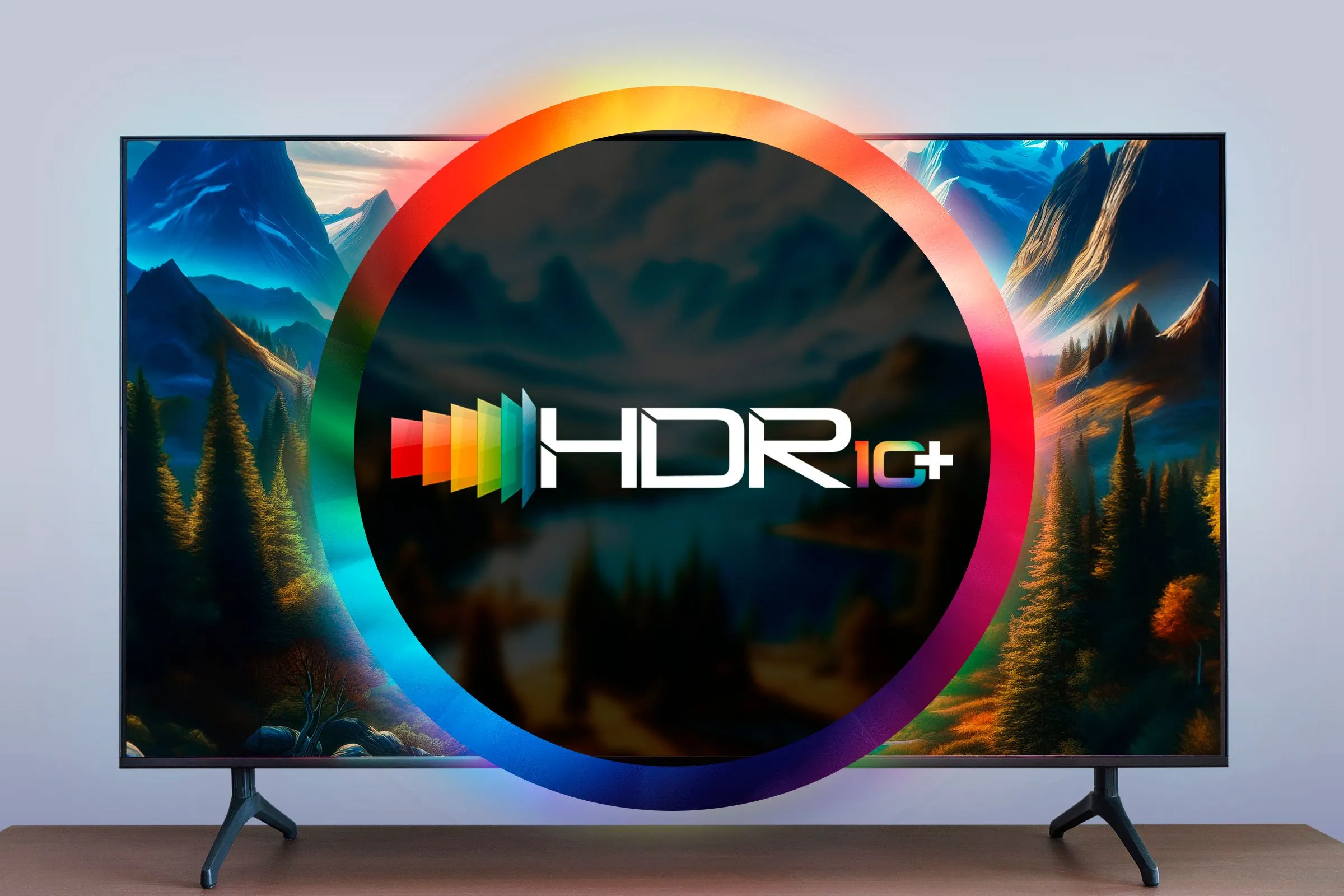 Biểu tượng HDR10+ đặt giữa vòng tròn màu và màn hình TV, minh họa công nghệ HDR