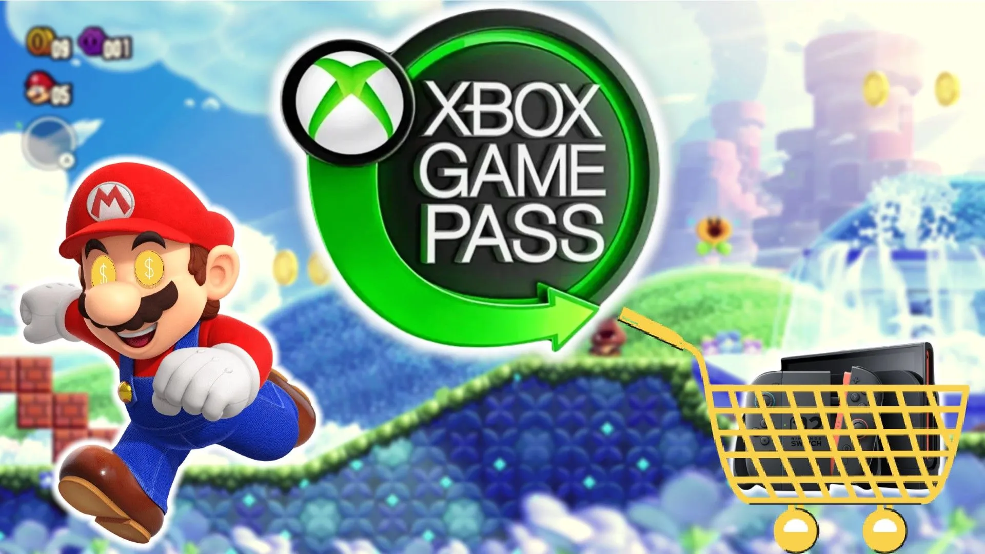 Biểu tượng Xbox Game Pass giữa Mario và Nintendo Switch 2, thể hiện xu hướng đa nền tảng trong ngành game.