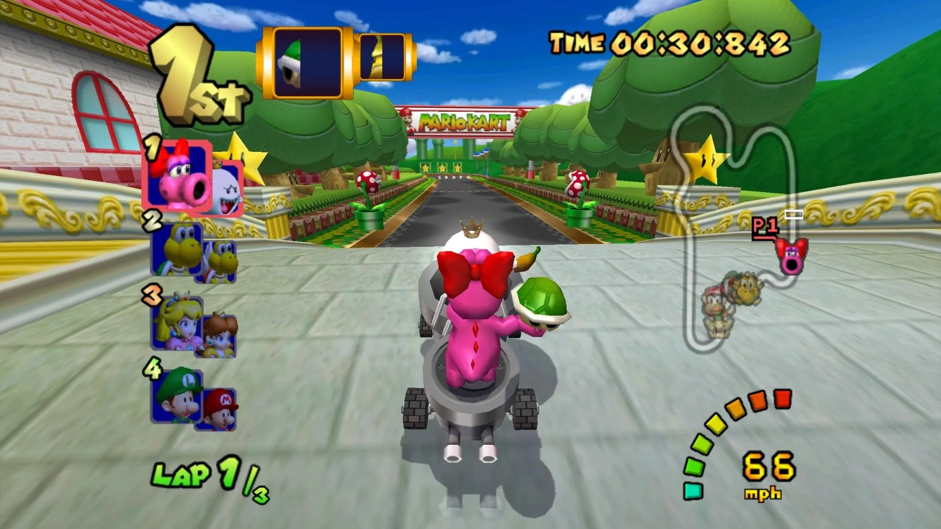 Birdo và Boo dẫn đầu trong Mario Kart: Double Dash!!, minh họa lối chơi đua xe đôi độc đáo.
