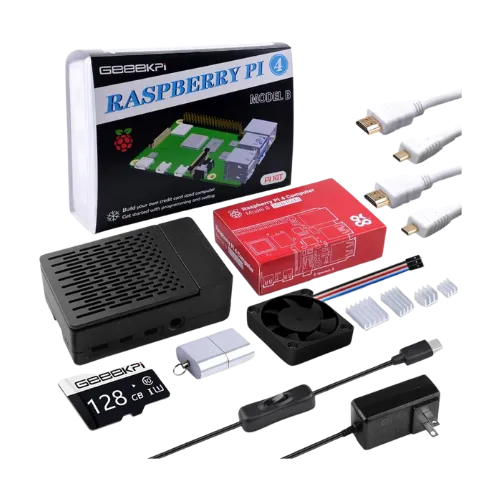 Bộ khởi động Raspberry Pi 4 8GB GeeekPi bao gồm bo mạch, vỏ bảo vệ, thẻ nhớ microSD, nguồn điện, quạt và cáp HDMI