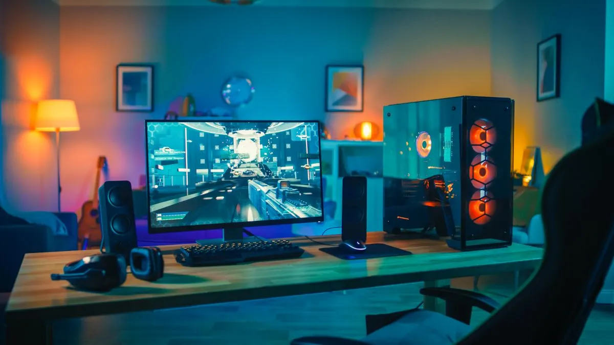 Bộ PC gaming hiện đại với thùng máy mạnh mẽ và hệ thống đèn LED neon.