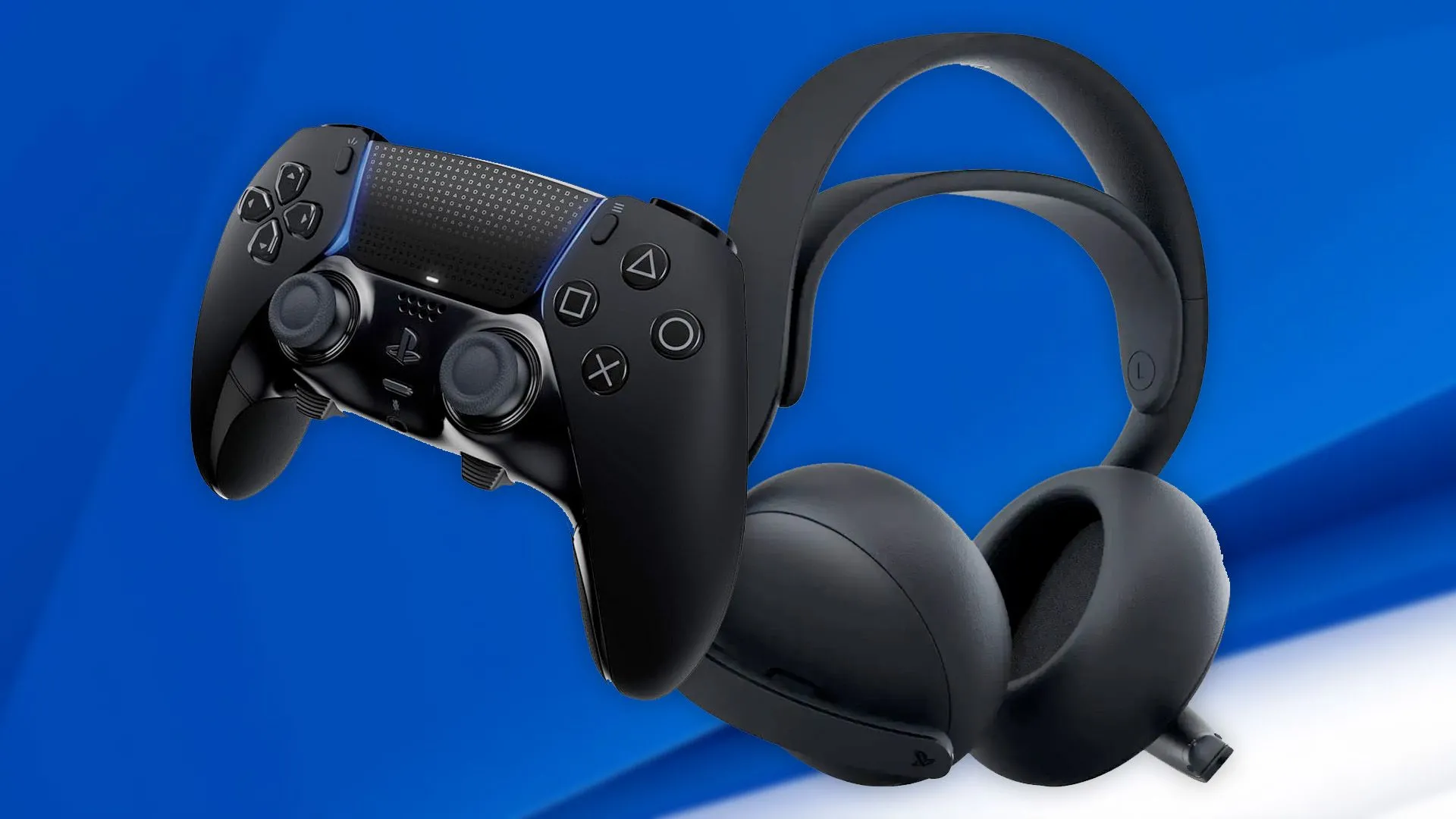 Bộ phụ kiện PlayStation 5 màu đen gồm tay cầm DualSense, tai nghe Pulse 3D và camera HD, đặt trên bề mặt tối.
