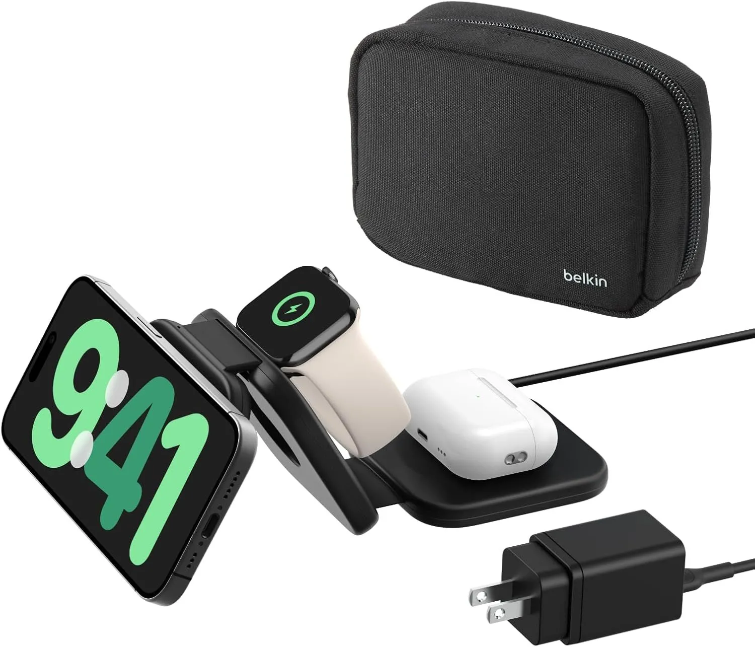 Bộ sạc du lịch Belkin 3-in-1 MagSafe đang sạc iPhone, Apple Watch và AirPods