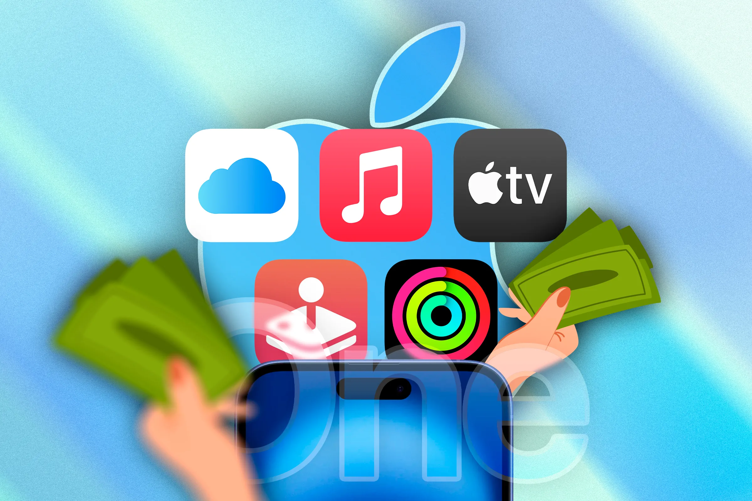 Các biểu tượng ứng dụng Apple One và hình ảnh tay cầm tiền mặt, tượng trưng cho lợi ích tiết kiệm chi phí khi dùng gói Apple One.