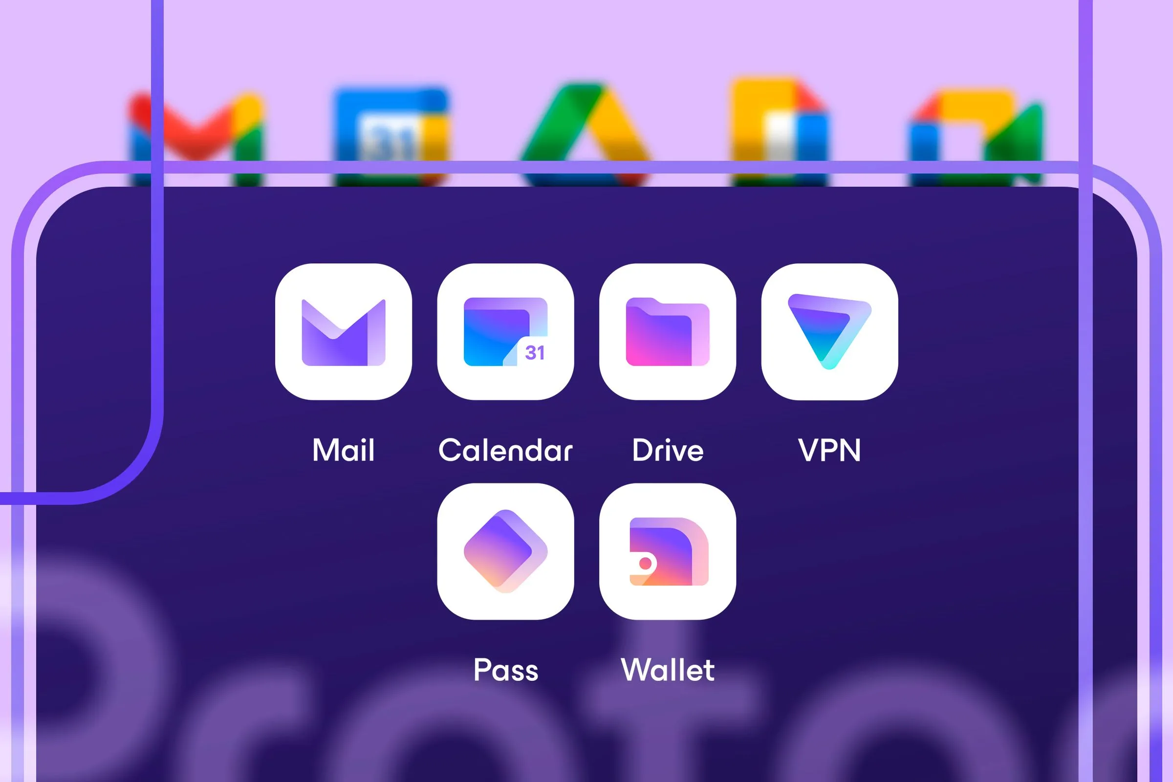 Các biểu tượng ứng dụng Proton như Mail, Drive, VPN, Pass nổi bật trên nền các biểu tượng Google bị làm mờ, thể hiện sự thay thế về quyền riêng tư