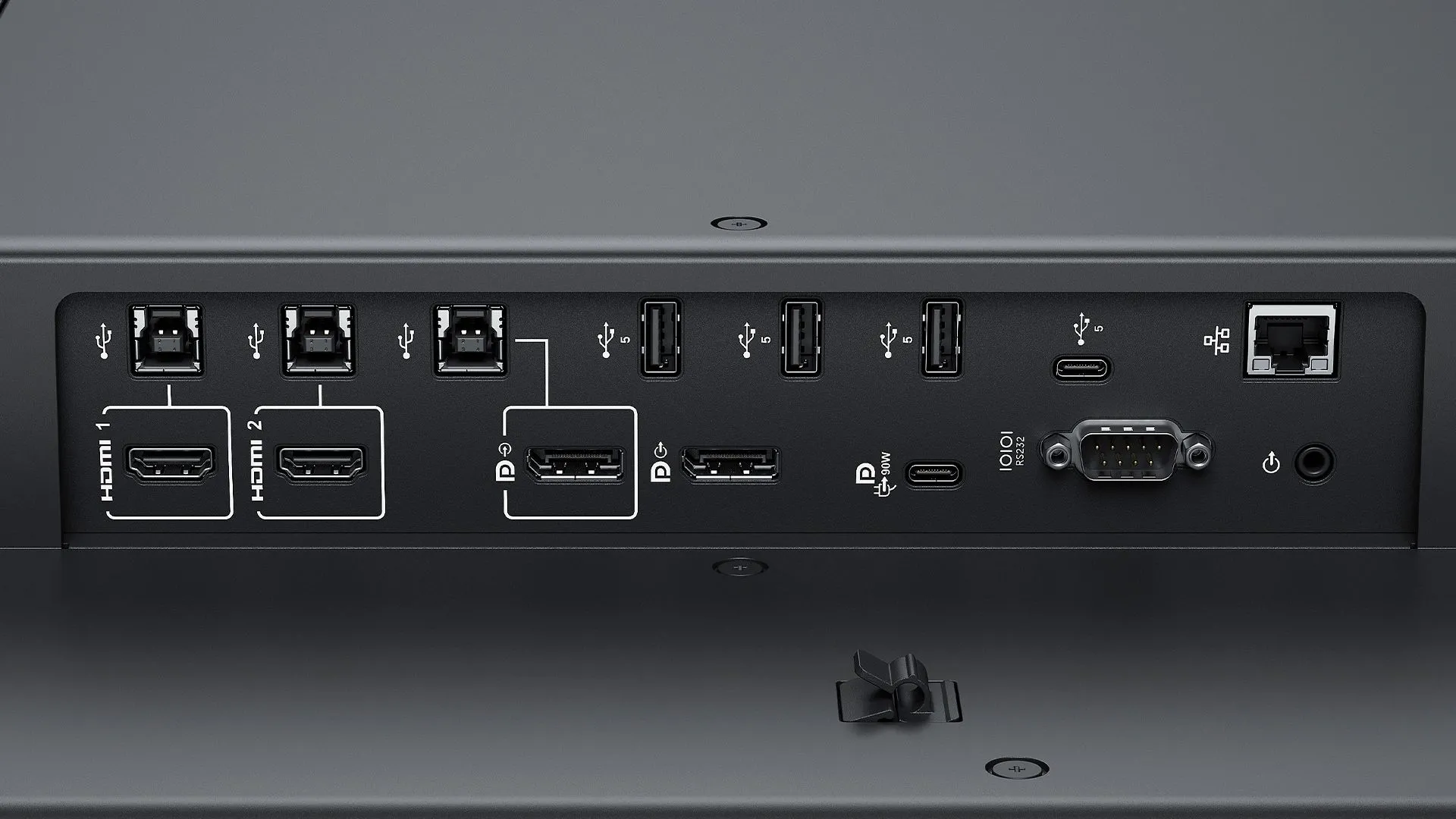 Các cổng kết nối đa dạng trên cạnh màn hình Dell Pro 75 Plus 4K Touch (P7525QT).