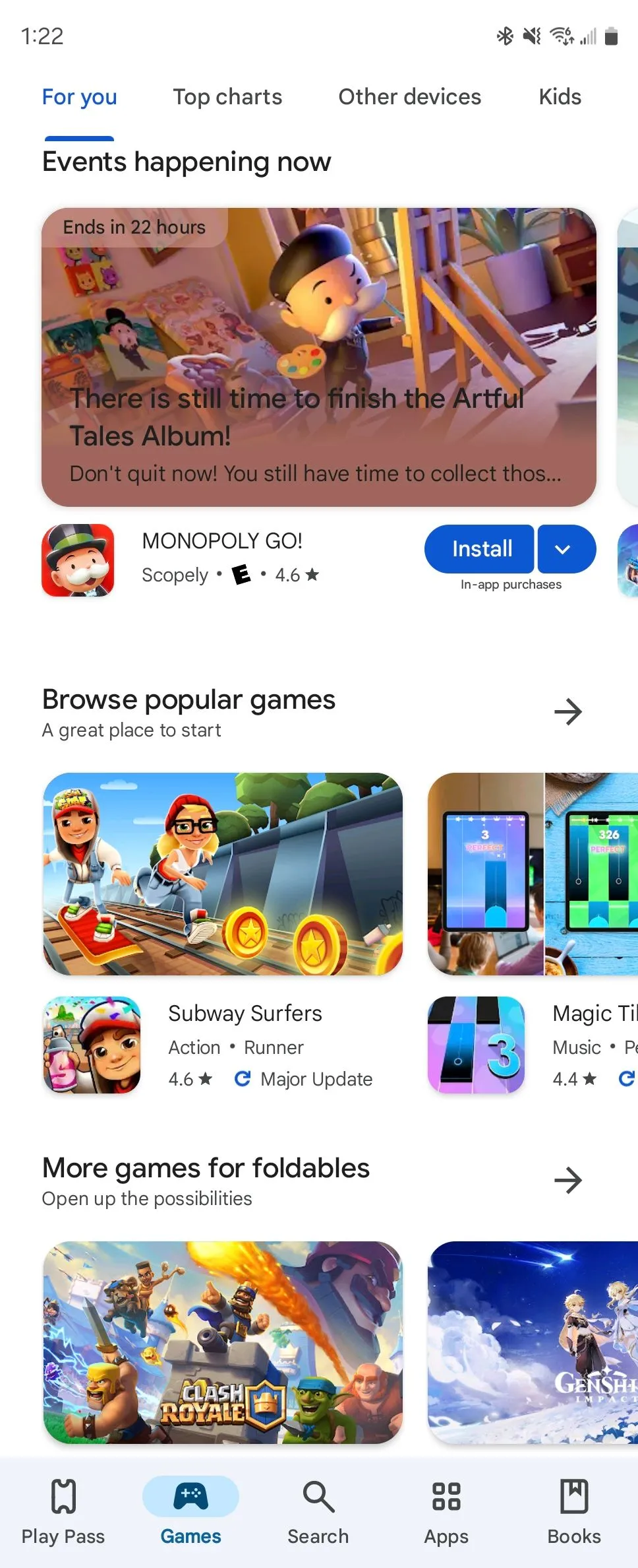 Các danh mục game được đề xuất trong Google Play Store, tập trung vào game miễn phí và có in-app purchase.