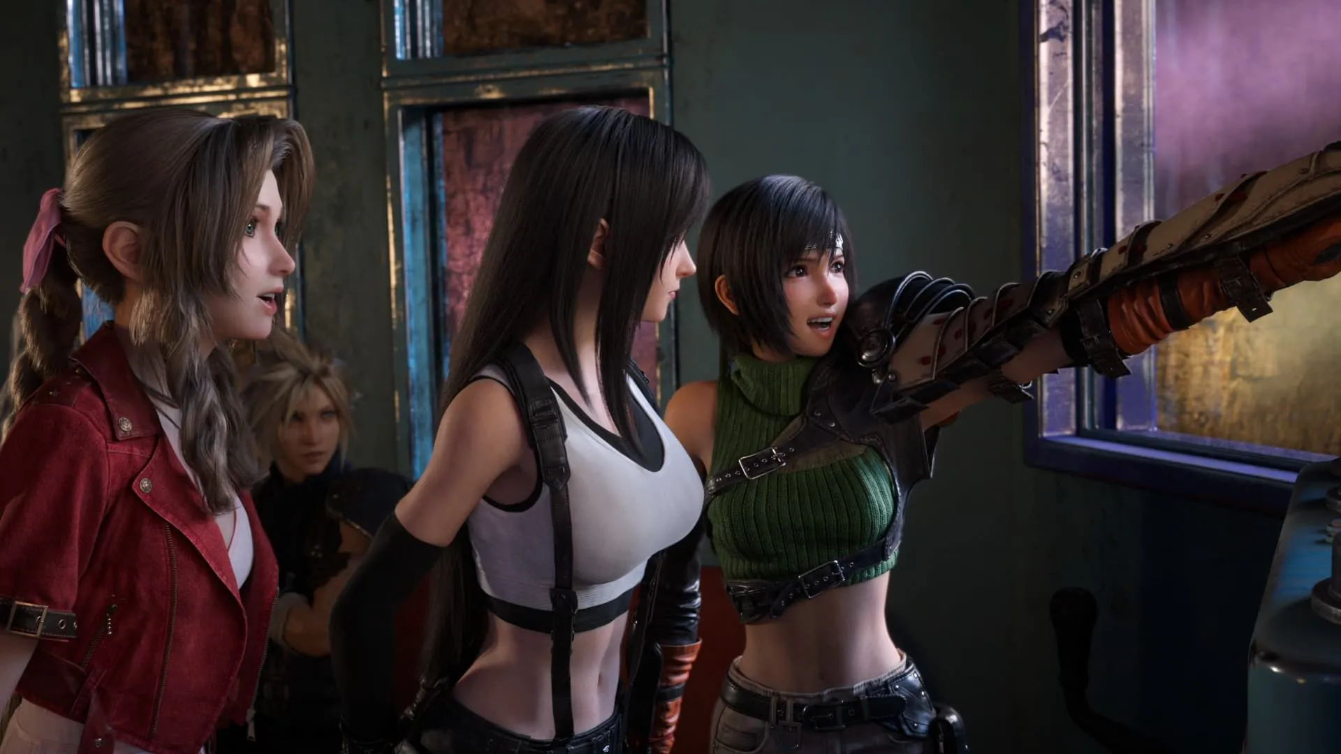 Các nhân vật Aerith, Tifa, Yuffie và Cloud từ Final Fantasy VII Rebirth đang tiến vào khu vui chơi giải trí Gold Saucer.