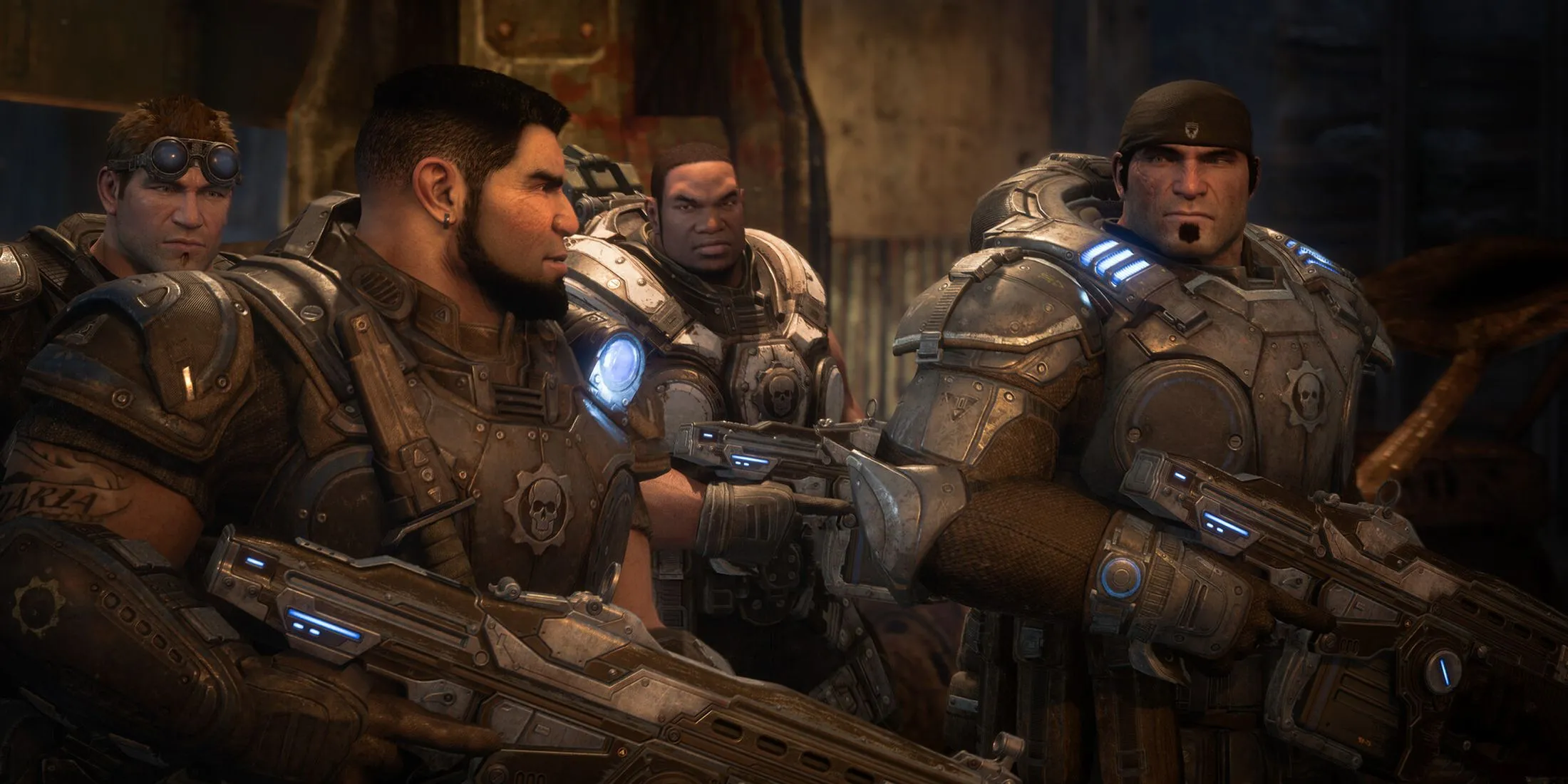Các nhân vật chính trong Gears of War: Reloaded, thể hiện thiết kế áo giáp và không khí chiến tranh.