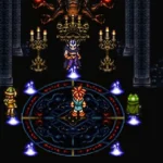 Các nhân vật Crono, Frog và Lucca đối đầu với Magus trong lâu đài của hắn trong game JRPG kinh điển Chrono Trigger.