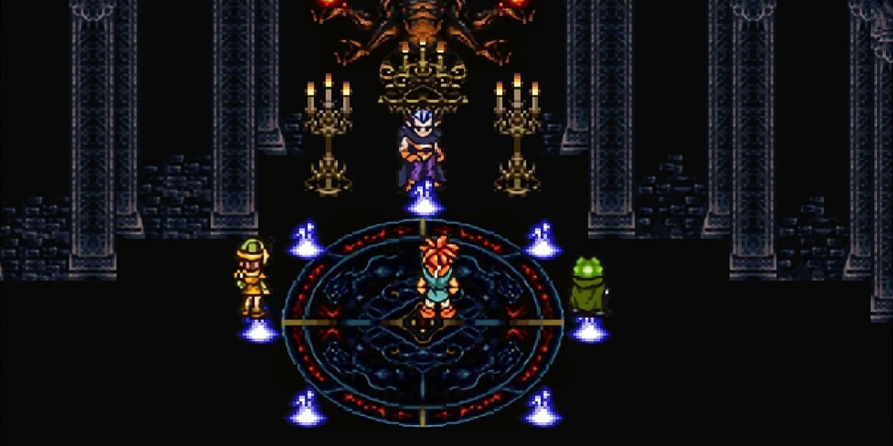 Các nhân vật Crono, Frog và Lucca đối đầu với Magus trong lâu đài của hắn trong game JRPG kinh điển Chrono Trigger.