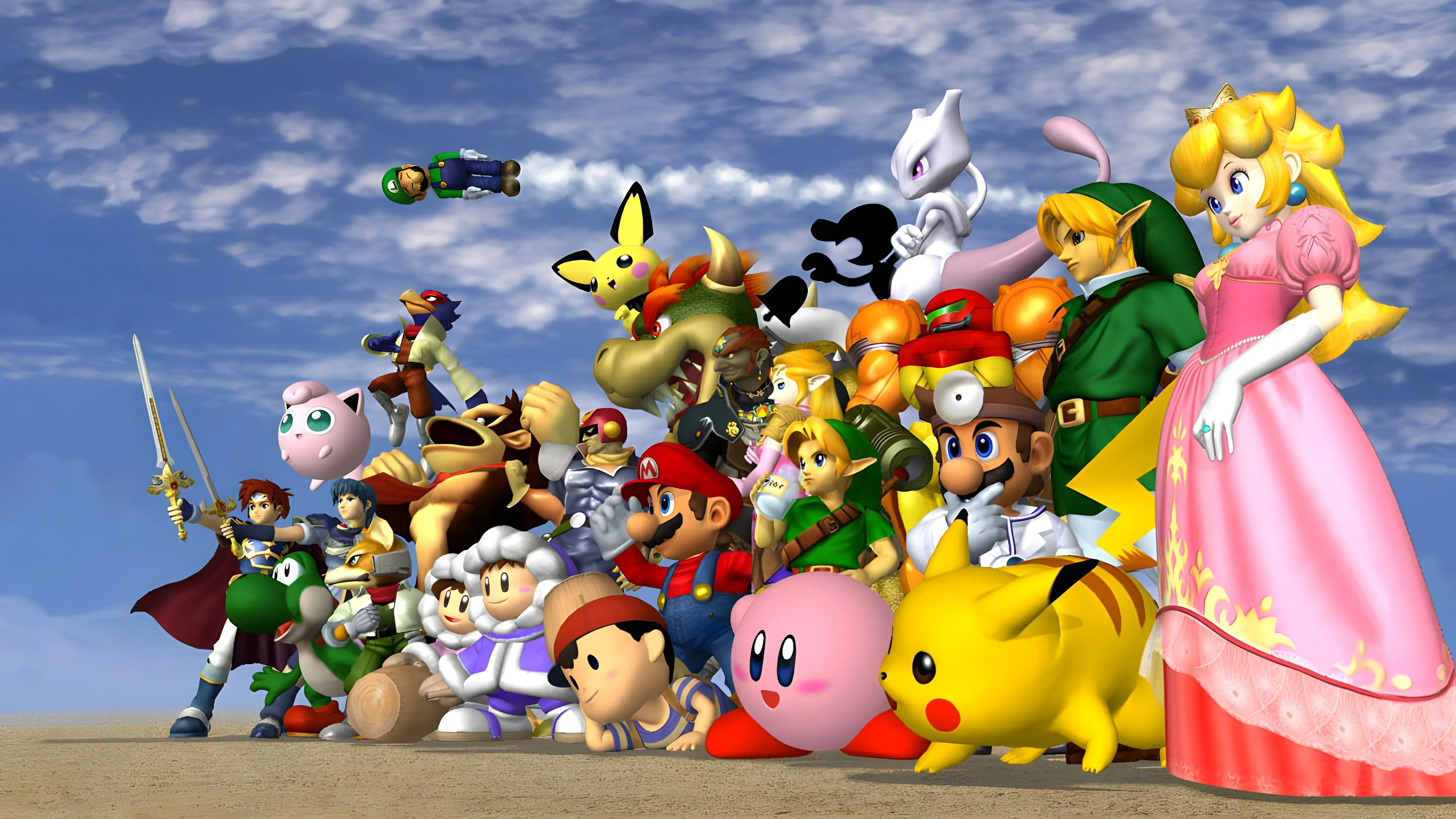 Các nhân vật Super Smash Bros. Melee chuẩn bị chiến đấu, minh họa cho game đối kháng kinh điển trên GameCube.