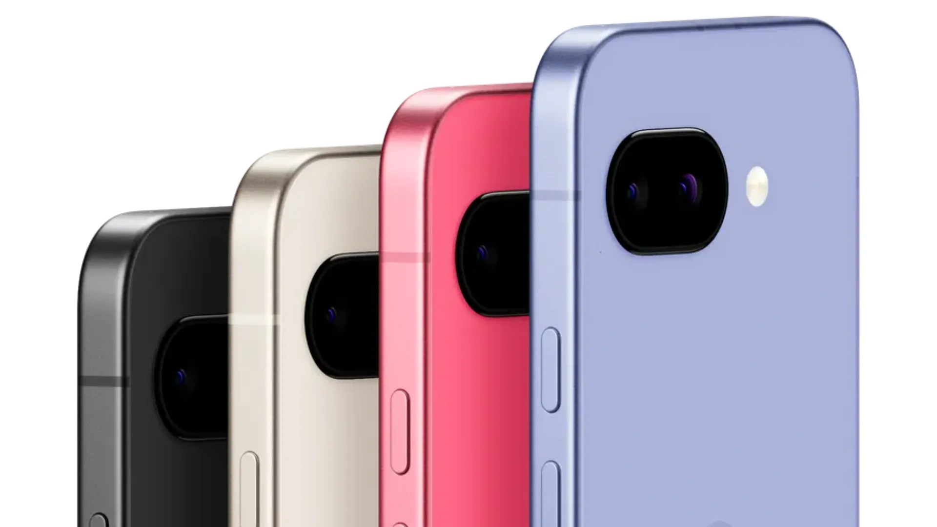 Các tùy chọn màu sắc mới của Google Pixel 9a bao gồm Iris (tím) và Peony (hồng) bên cạnh Obsidian và Porcelain.